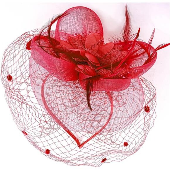 Women's Fascinators Flower Feathers with Veil Red - Picture 4 of 7